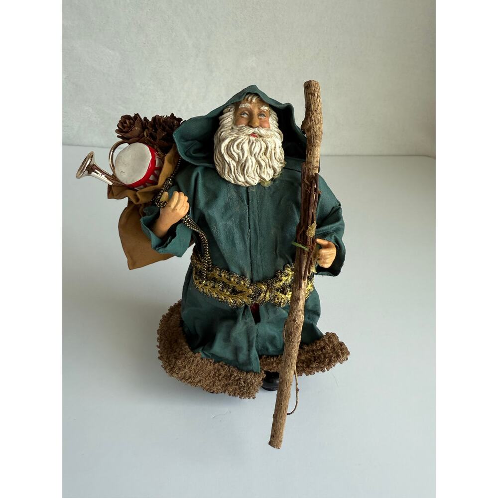 Vintage Paper Mache Santa Green Hooded Robe Toy Sack Old World Christmas 6.5"